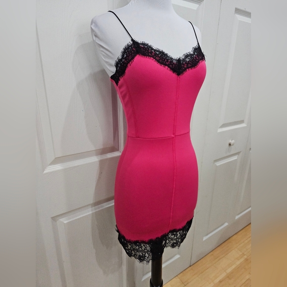 Love Culture Sexy Party Club Hot Pink & Black Lace Bodycon Mini Slip Dress XS S - Picture 3 of 10
